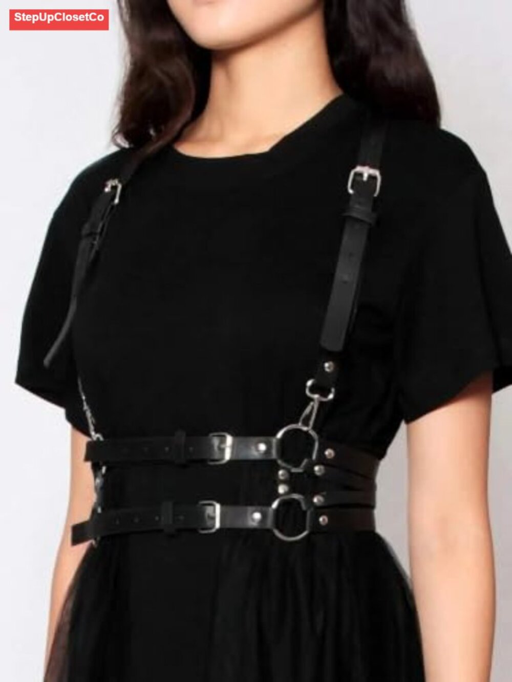 Women's Faux Leather Body Harness Belt with Alloy Buckle Adjustable Chest & - Picture 2 of 5
